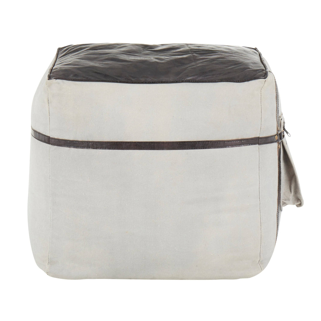 Black Leather Grey Canvas Pouf F8787