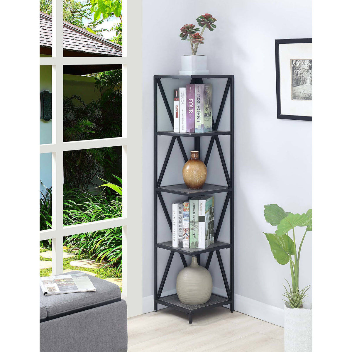Weathered Gray / Black Metal 5 Tier Corner Bookcase L91340