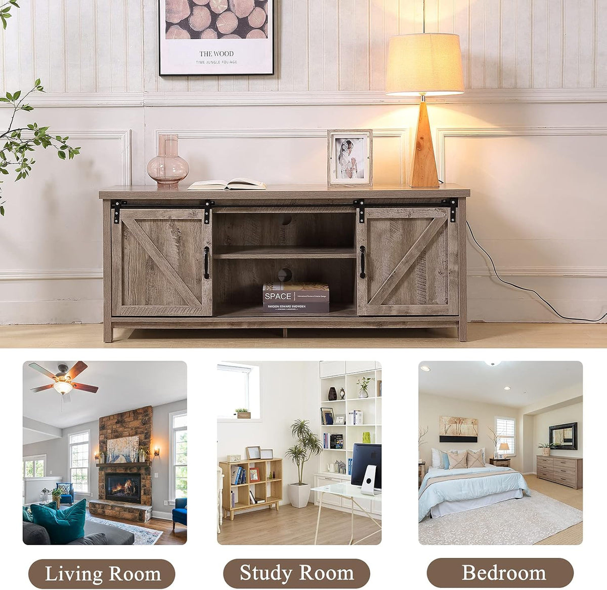 Farmhouse TV Stand with Double Sliding Barn Door Storage Cabinet P104