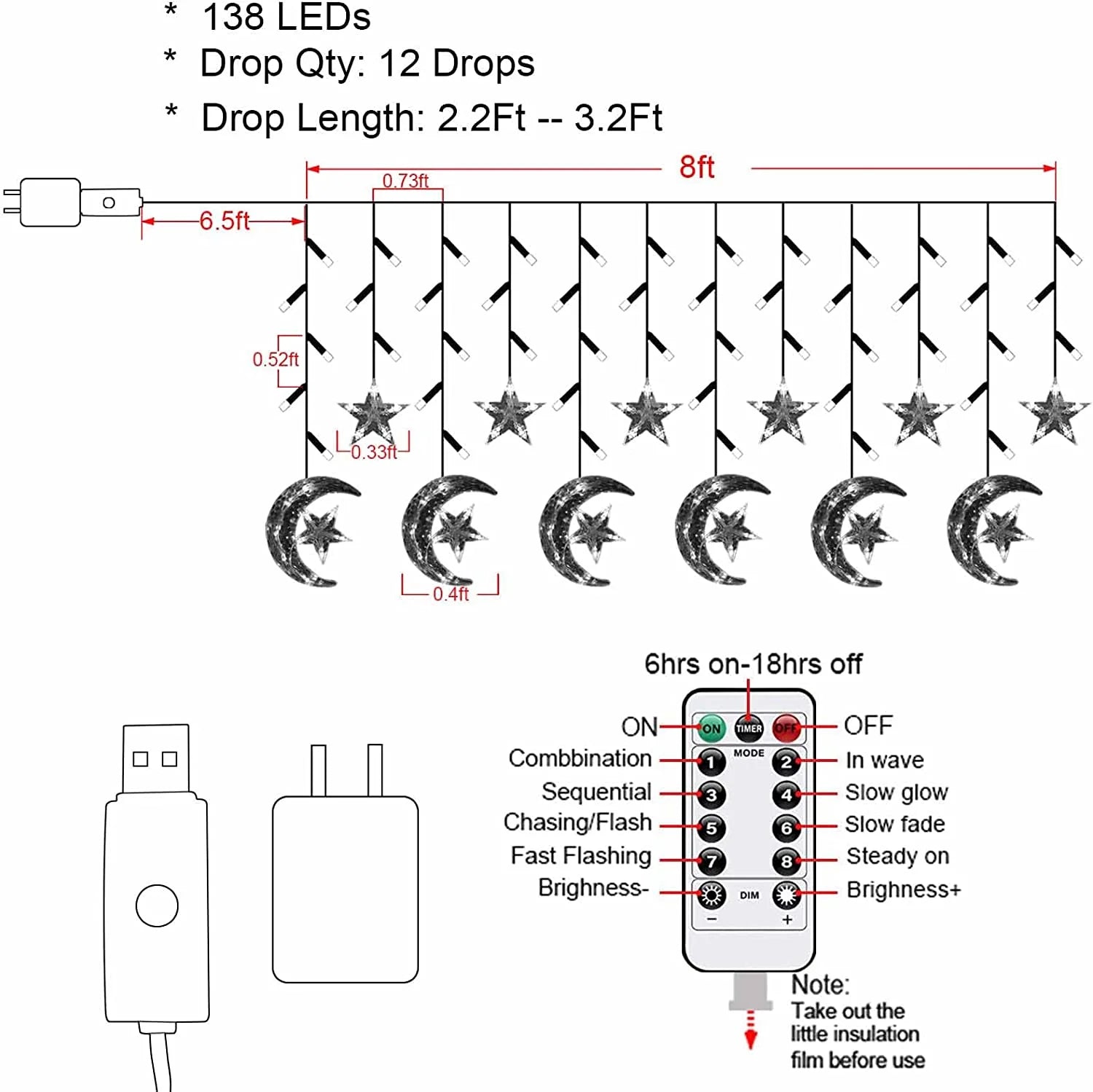Warm White LED Curtain Lights with Remote Control J348093