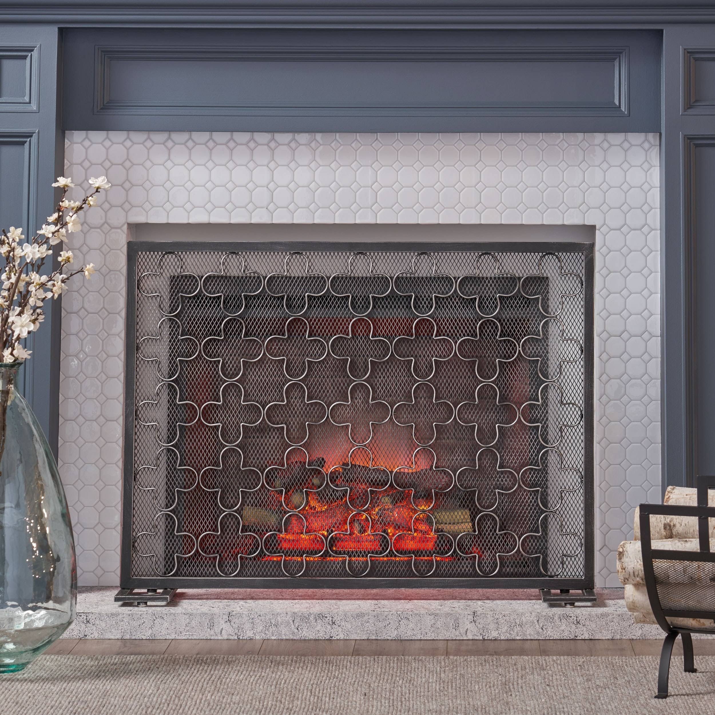 Black Brushed Silver Fireplace Screen I538