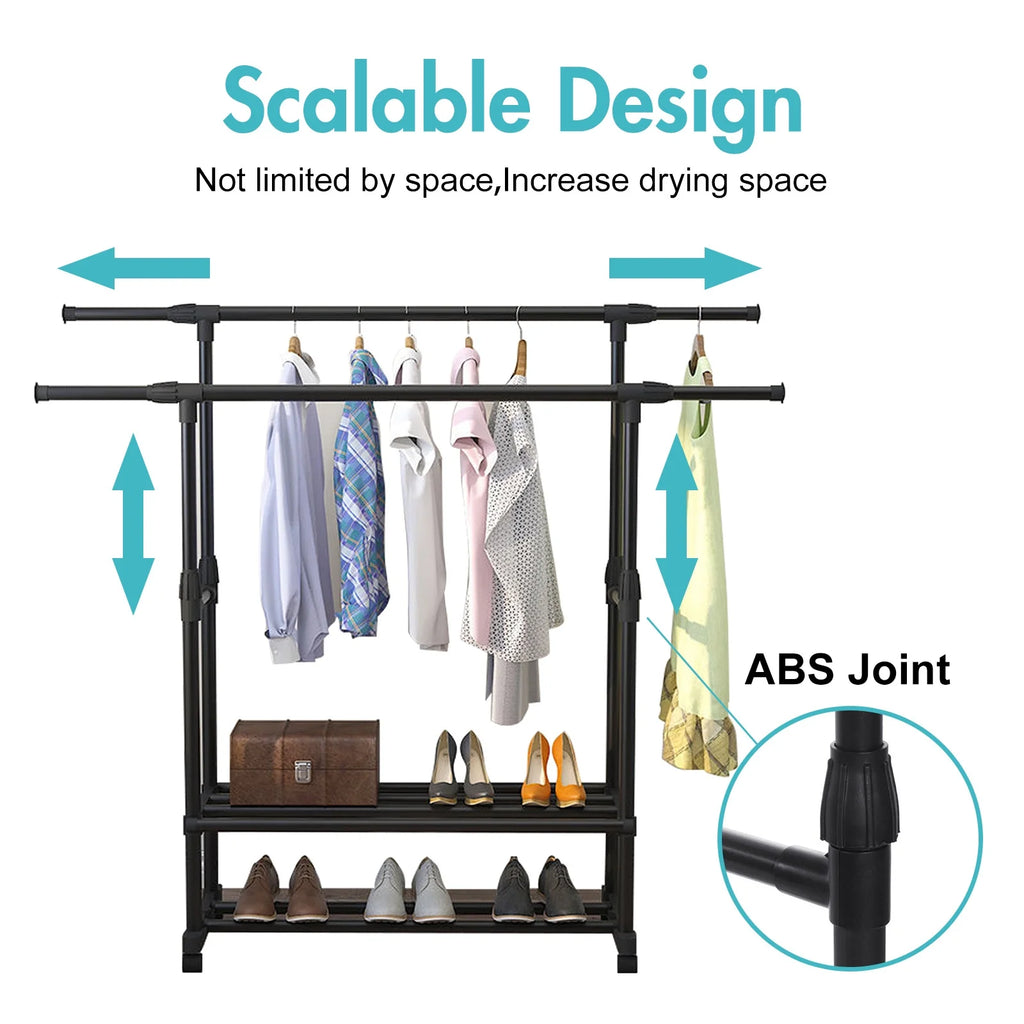 Black Rolling Garment Rack with Bottom Shelves O407