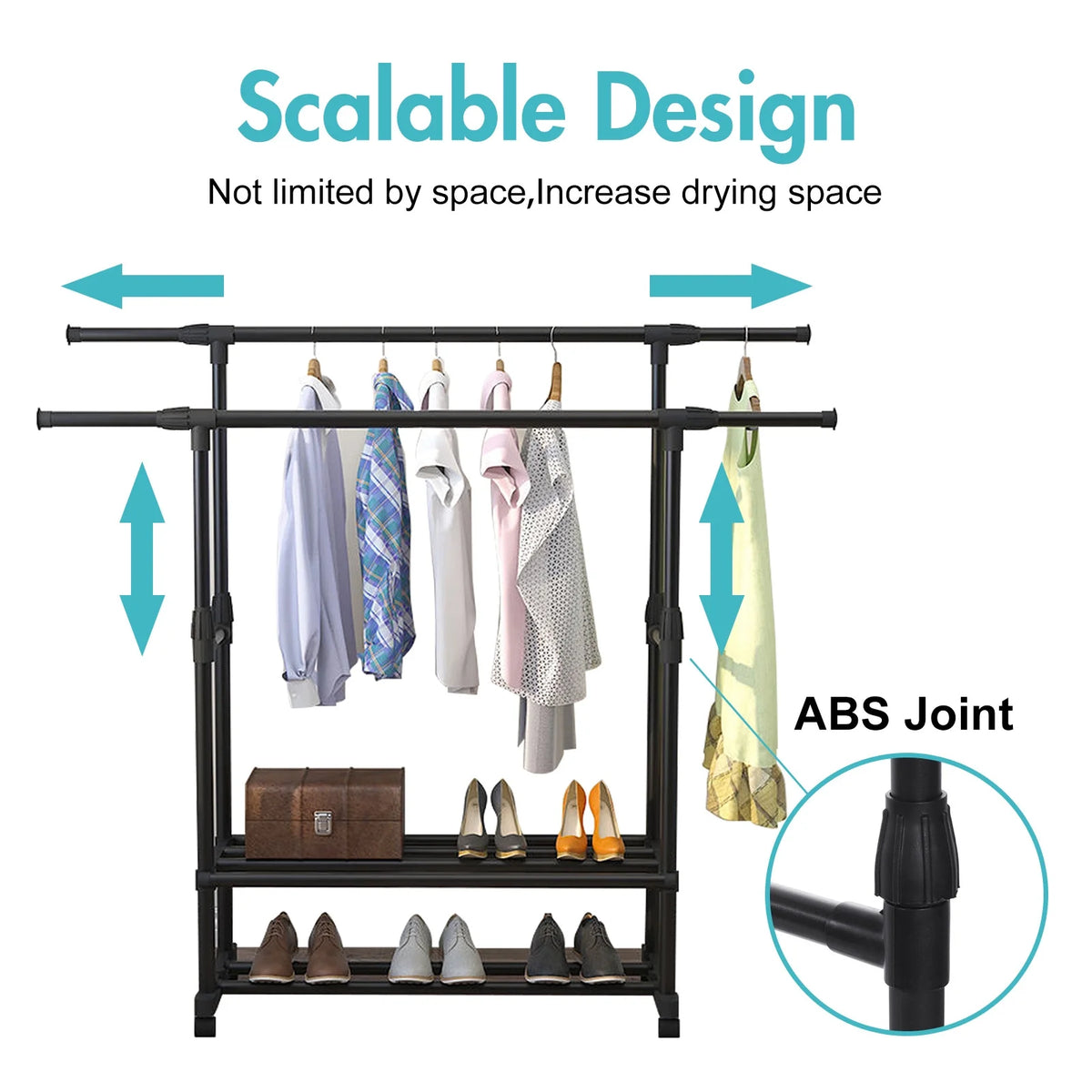 Black Rolling Garment Rack with Bottom Shelves O407
