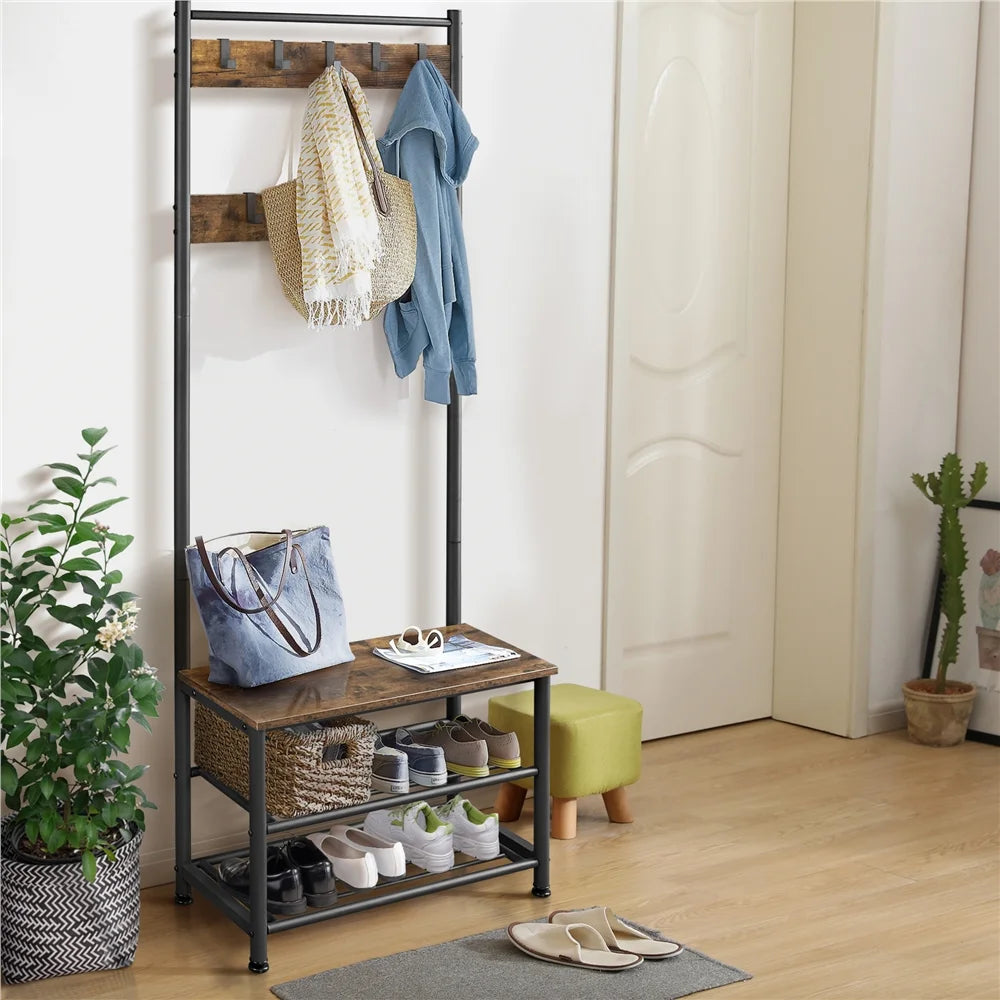 Rustic Brown Wooden Entryway Coat Rack with Shoe Storage Bench Q302130
