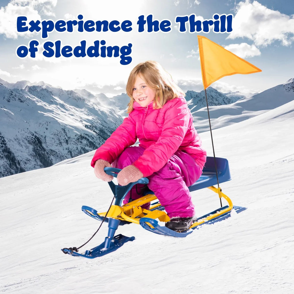 Snow Sled with Steering Wheel, Twin Brakes, Pull Rope & Safety Flag R478