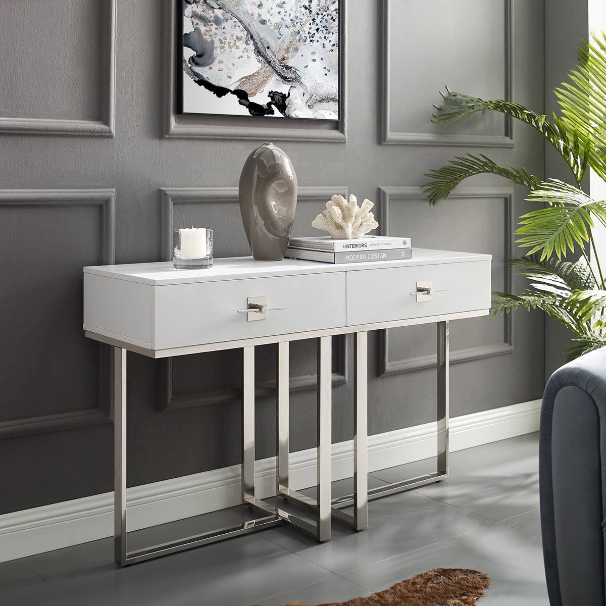 High Gloss Stainless Steel 2 Drawers Console Table U551015