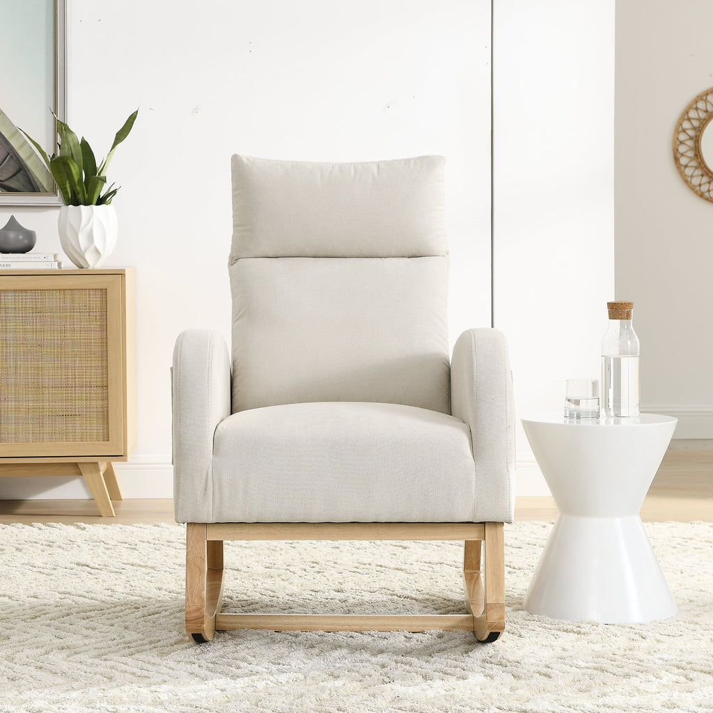 White Fabric Upholstered Rocking Chair with Solid Wood Base and 2 Side Pockets Z43711