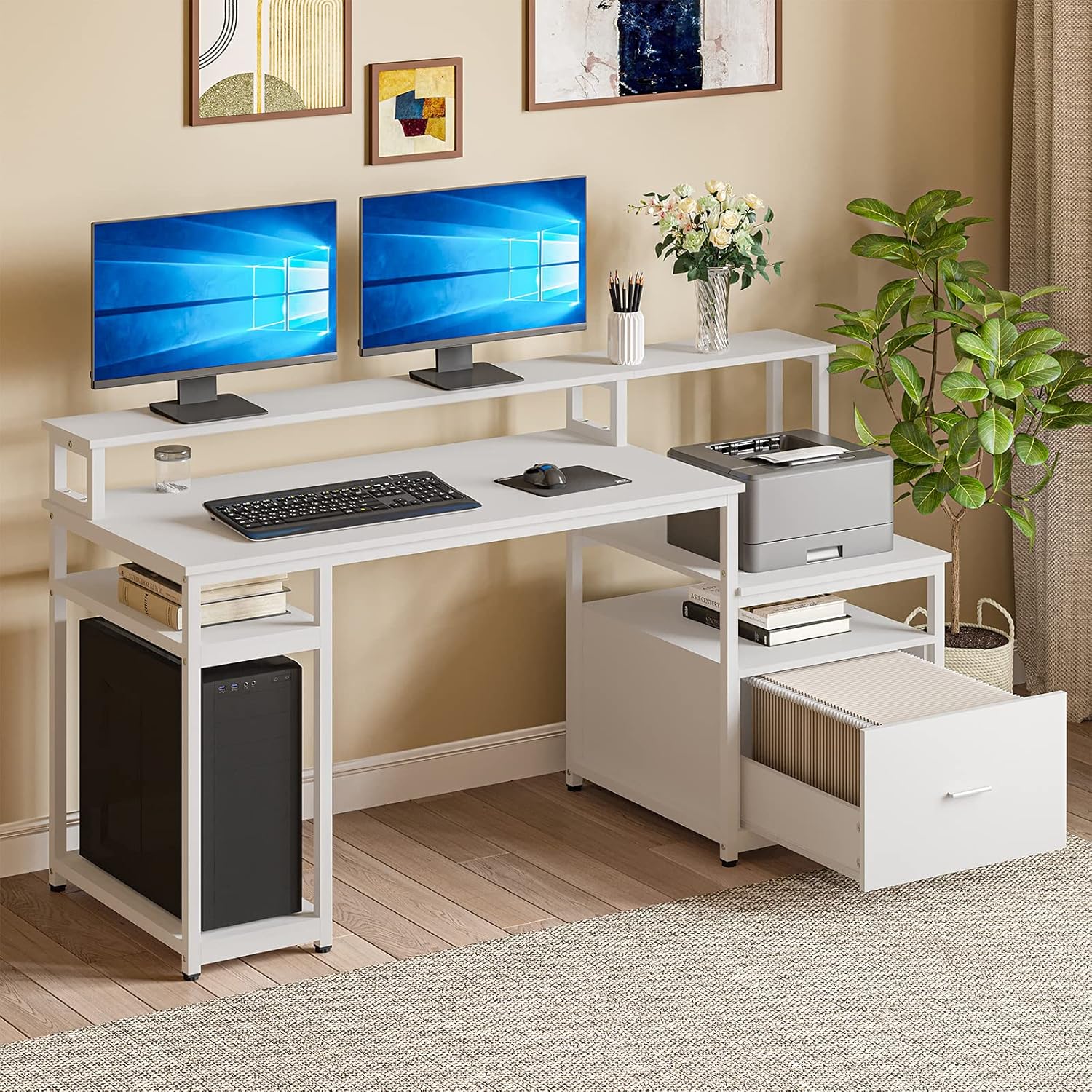 White 66'' Computer Desk with File Cabinet Drawer and Storage Shelves O488
