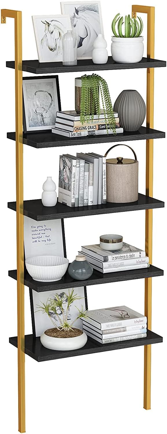 5 Tier Black Industrial Bookshelf with Metal Frame B393262