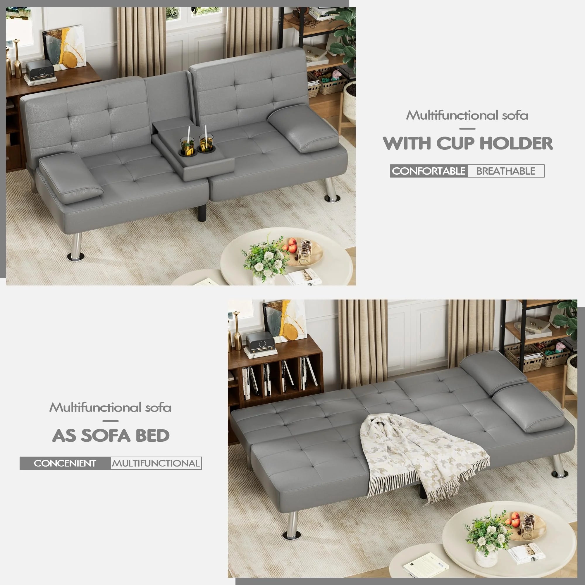 Grey Faux Leather Foldable Futon Sofa Bed with Removable Armrests Q809752