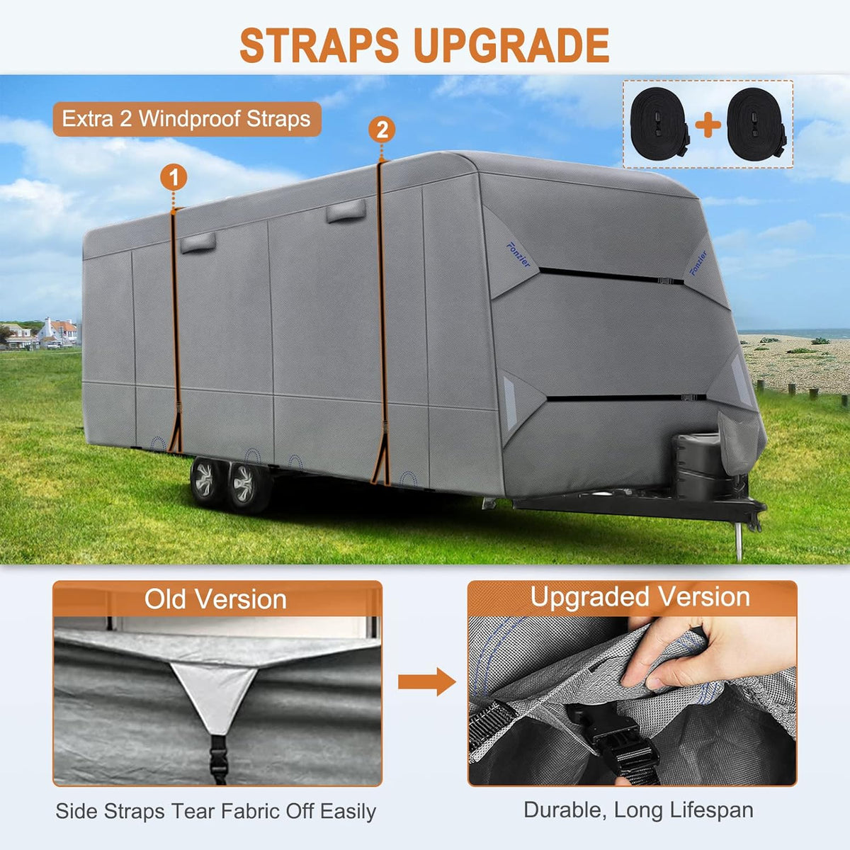 Heavy Duty 6 Layers Travel Trailer RV Cover Anti-UV Breathable Rip-Stop with 2Pcs Extra Straps & Gutter Spout Covers Q382389