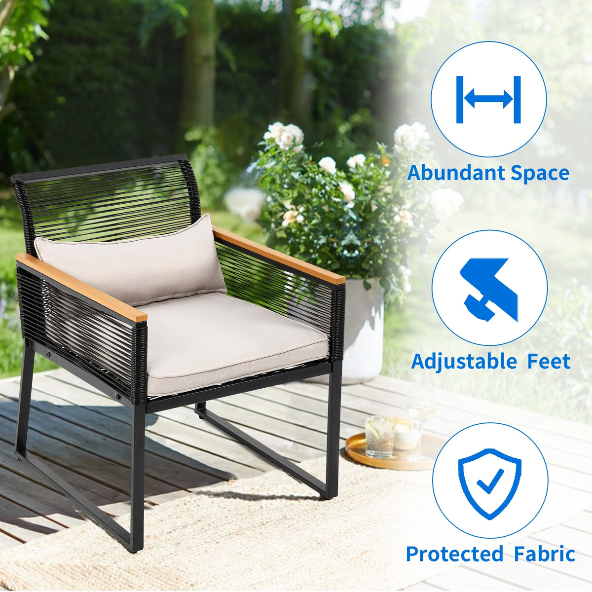 4-Piece Rattan Patio Bistro Set with Gray Cushions and Metal Coffee Table D39399