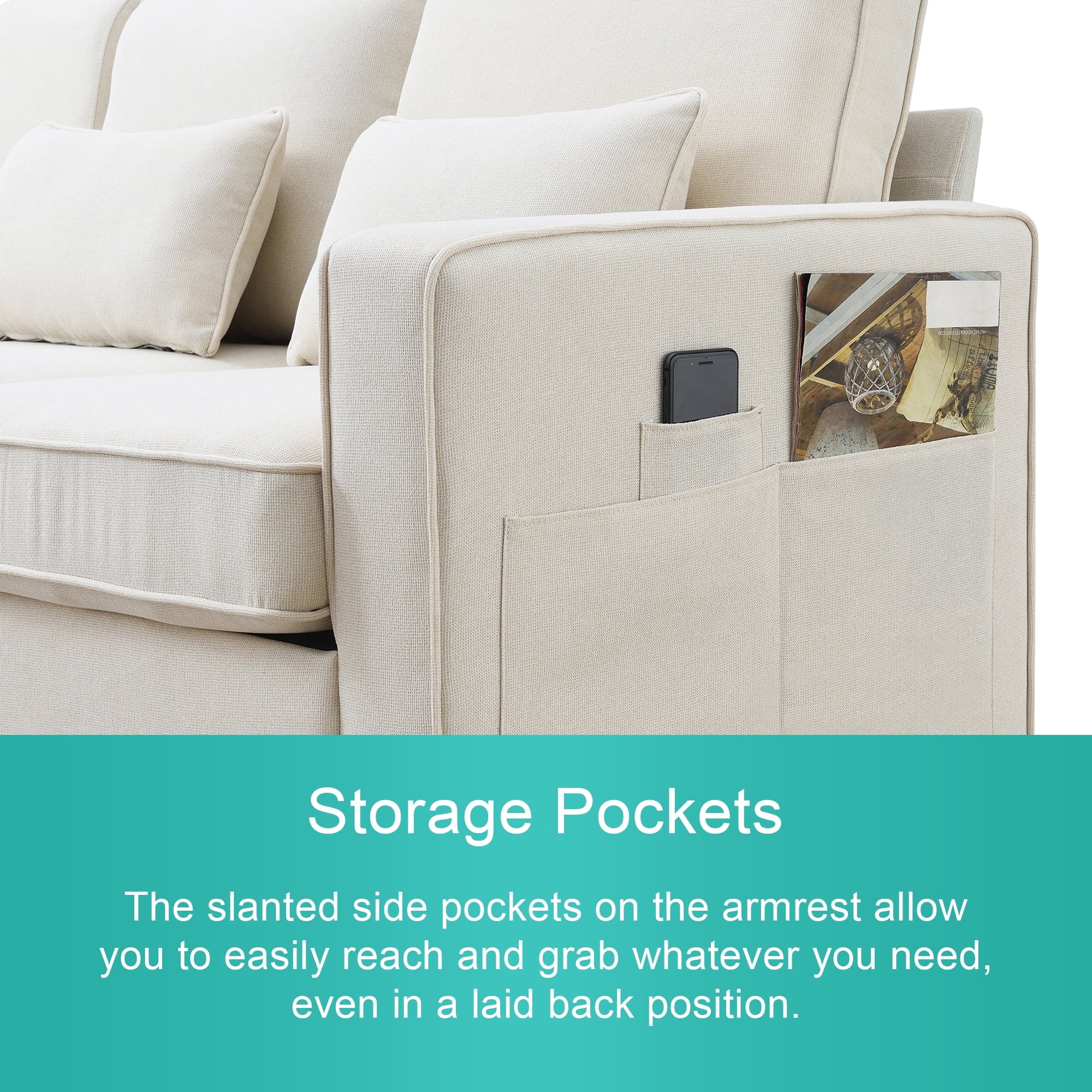 104" 4-Seater Linen Fabric Sofa with Armrest Pockets and 4 Pillows D617138