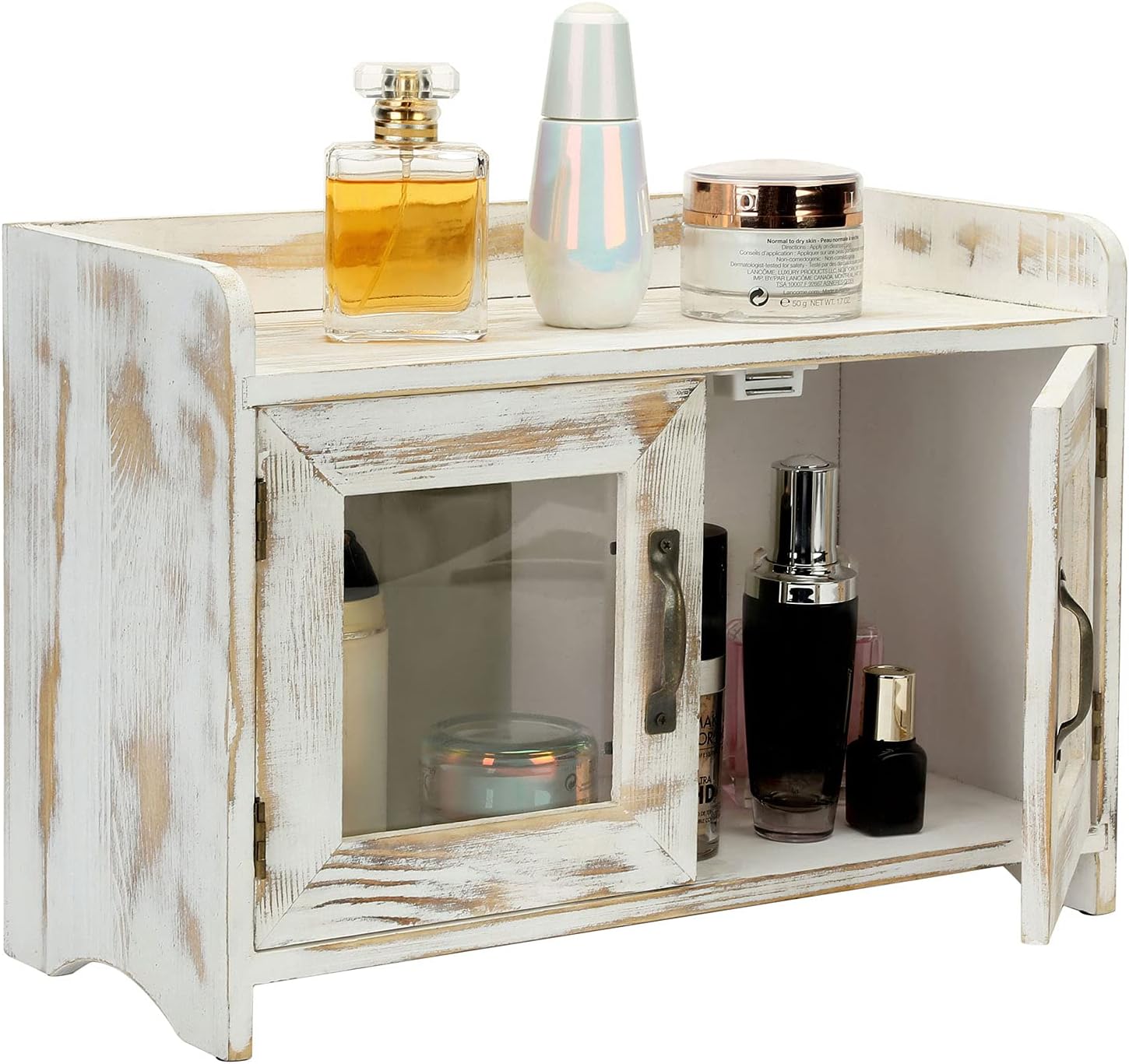 Rustic Whitewashed Wood Countertop Storage Cabinet with Glass Windows V42904