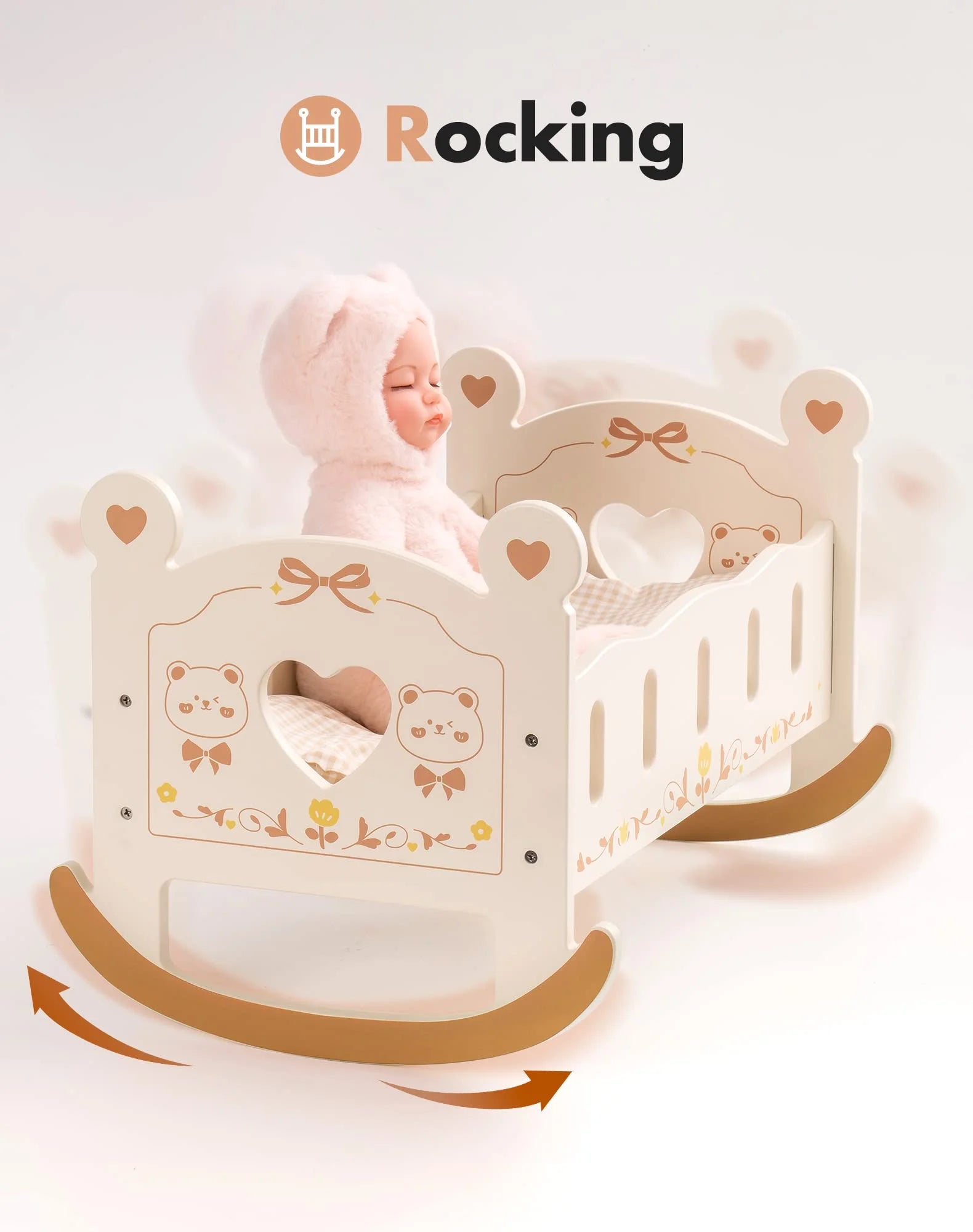 Beige Wooden Doll Cradle with Bedding M2636
