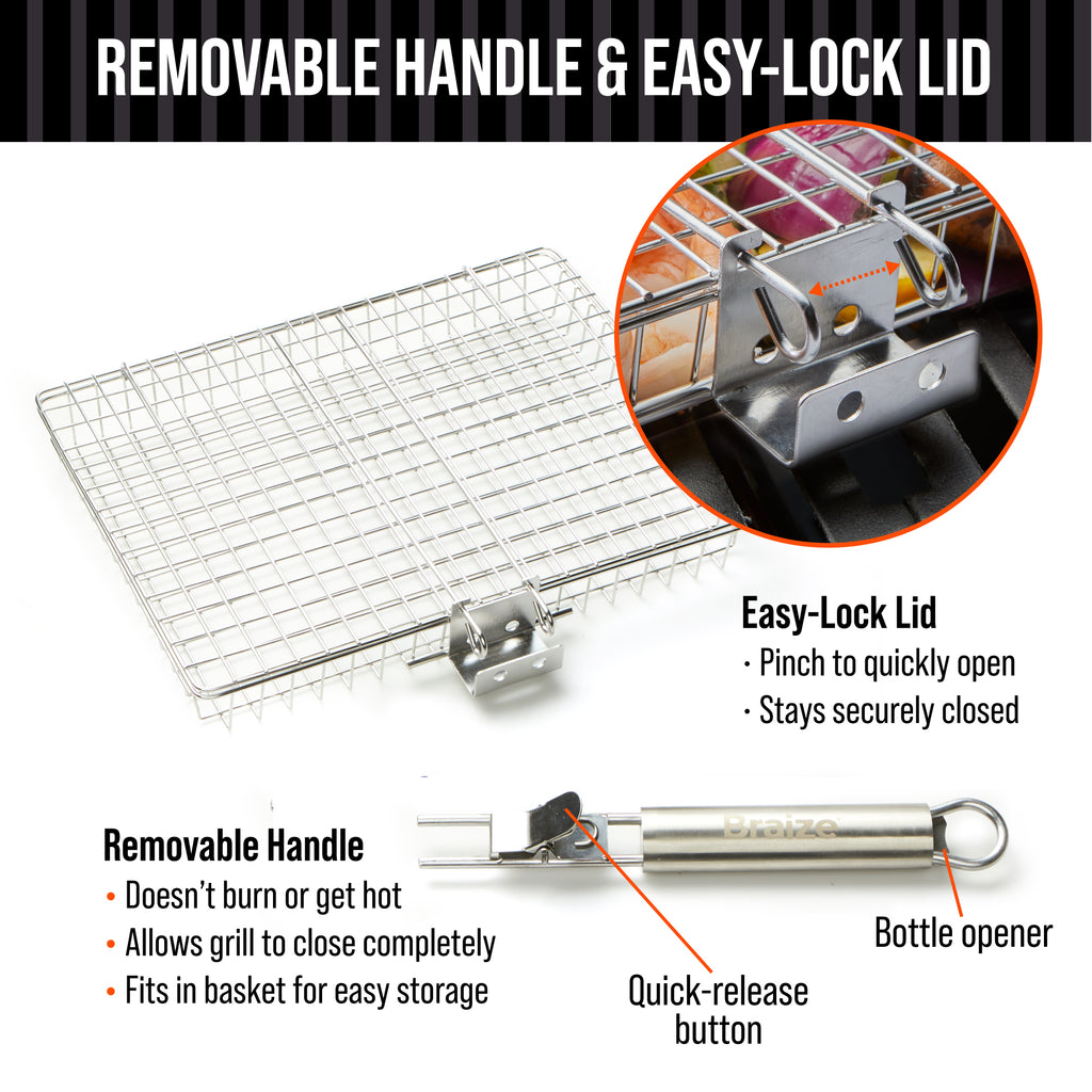 12" Stainless Steel BBQ Grill Basket with Removable Handle and Built-in Bottle Opener T960
