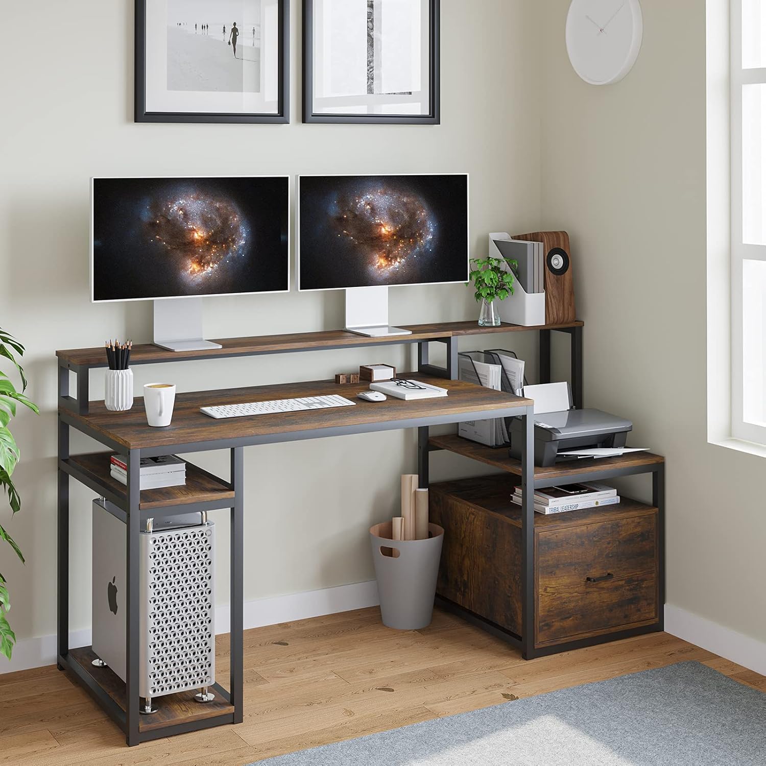 White 66'' Computer Desk with File Cabinet Drawer and Storage Shelves O488