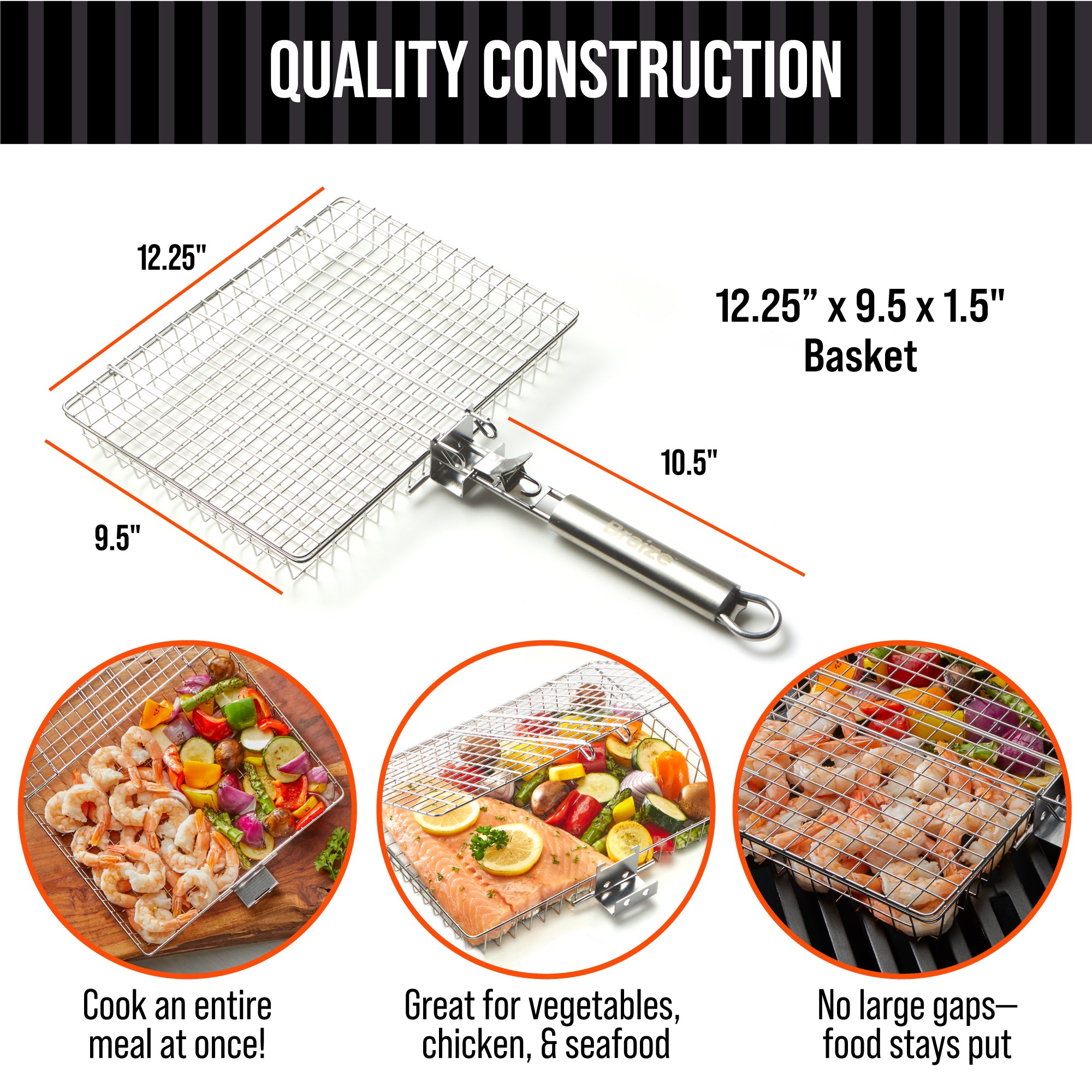 12" Stainless Steel BBQ Grill Basket with Removable Handle and Built-in Bottle Opener T960