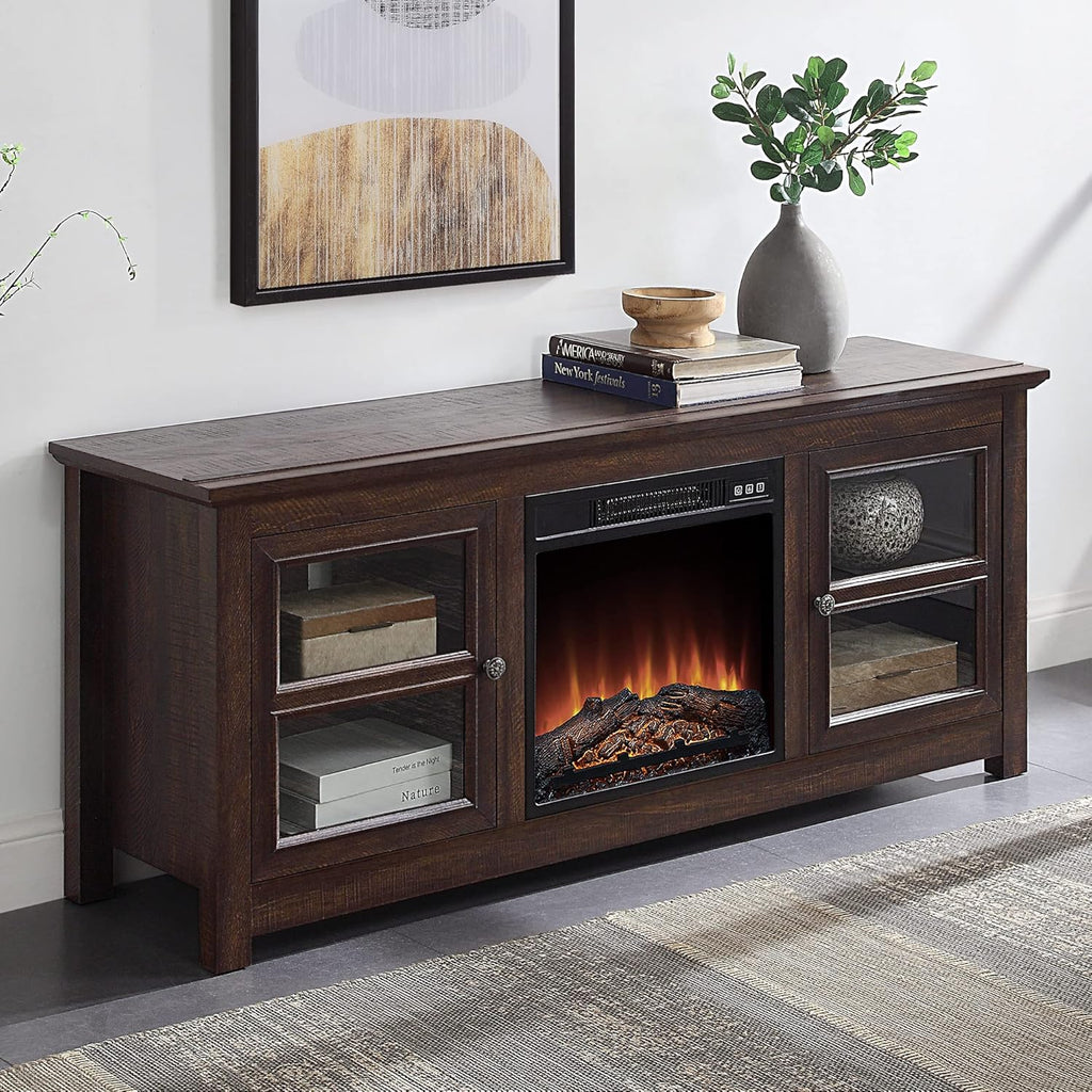 58 Inch Electric Fireplace TV Stand with Open Storage Shelves & Cabinets T144