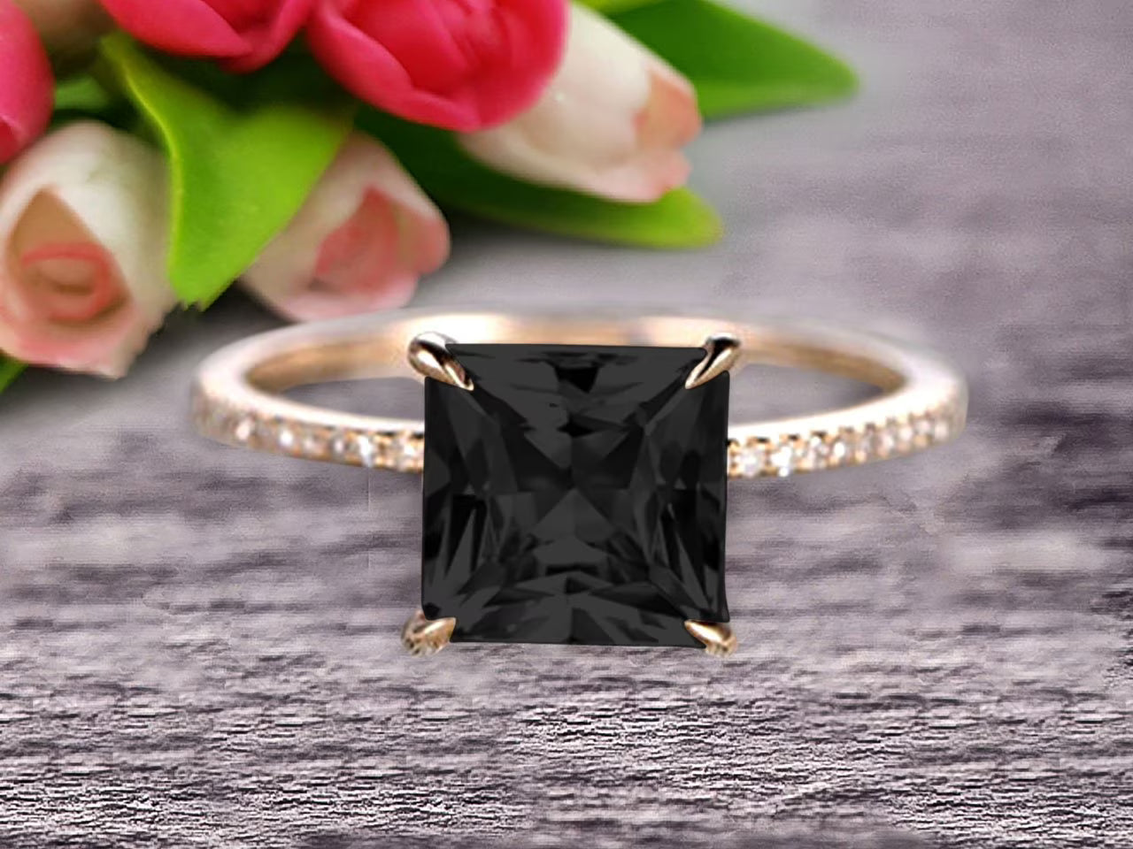 1.75 Carat Princess Cut Black Diamond Moissanite Engagement Ring 10k Yellow Gold W630191