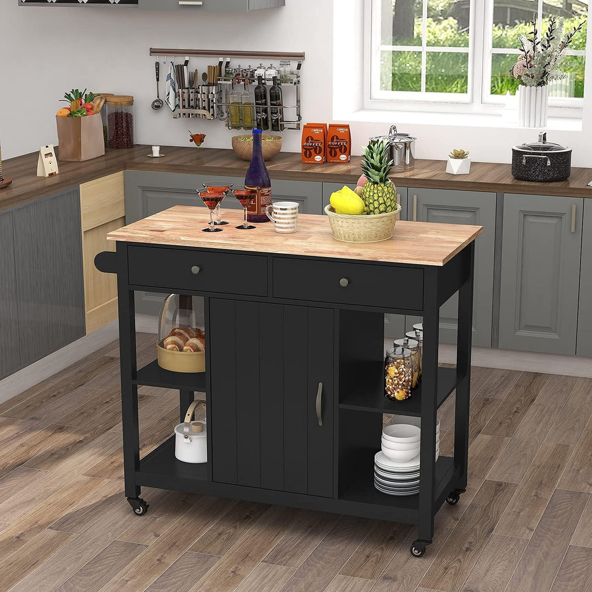 Black Wood Kitchen Cart with Storage and Drawers L986784