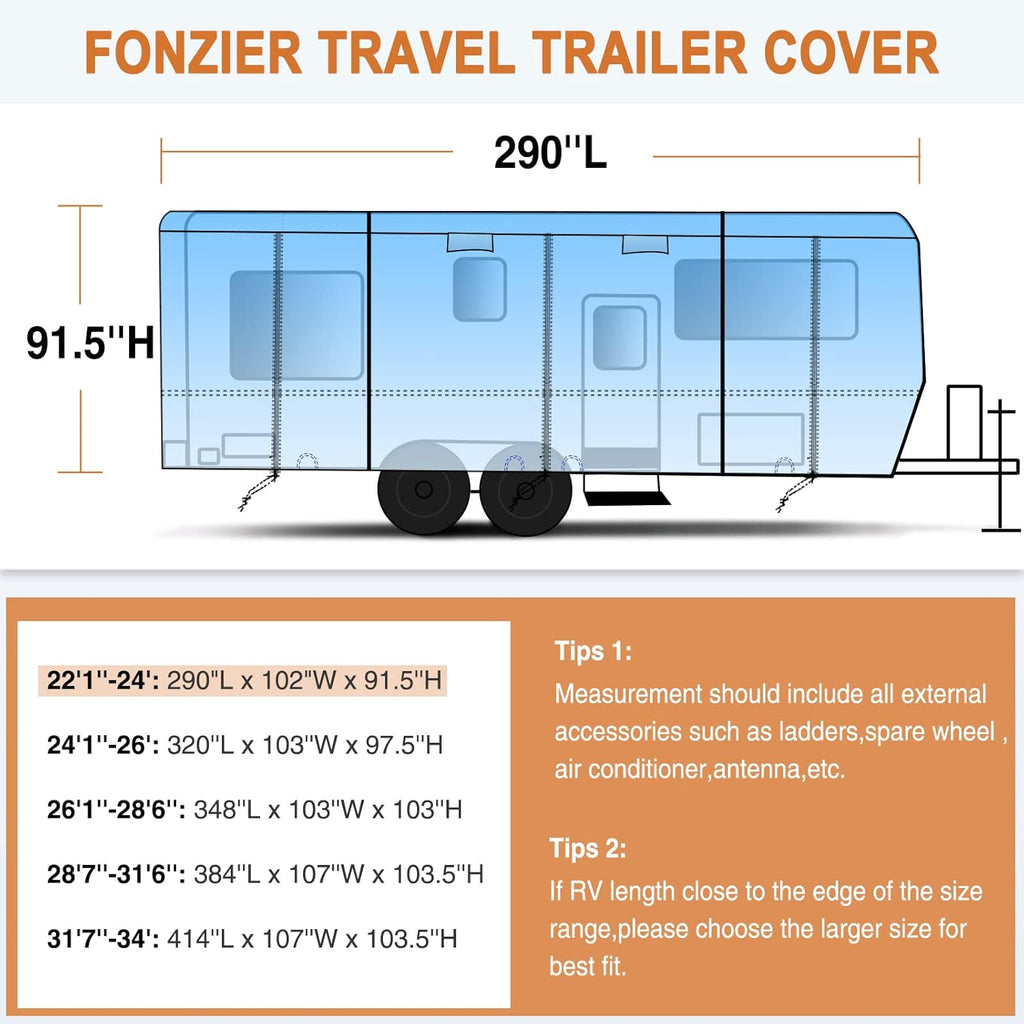 Heavy Duty 6 Layers Travel Trailer RV Cover Anti-UV Breathable Rip-Stop with 2Pcs Extra Straps & Gutter Spout Covers Q382389