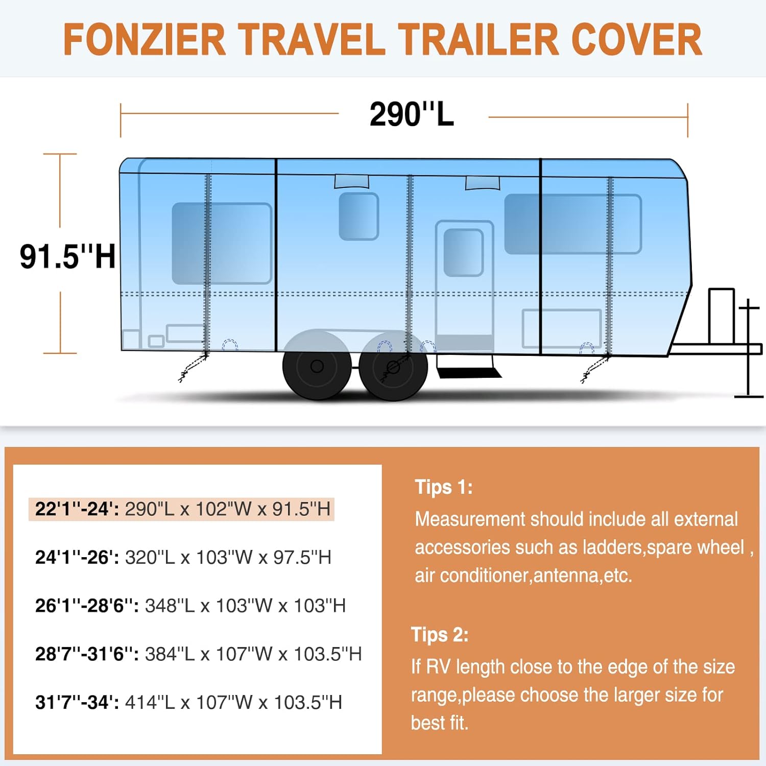 Heavy Duty 6 Layers Travel Trailer RV Cover Anti-UV Breathable Rip-Stop with 2Pcs Extra Straps & Gutter Spout Covers Q382389