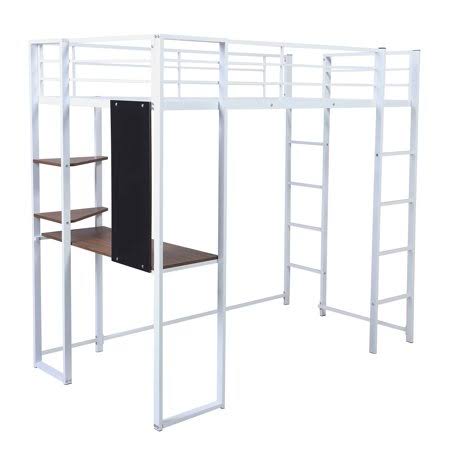 White Twin Metal Loft Bed with 2 Shelves and Desk R7064