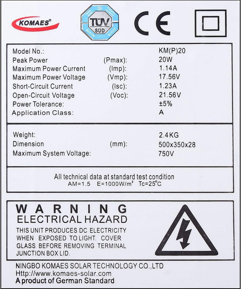 20 Watts 12Volts Polycrystalline Solar Panel with 3Amp Solar Charge Controller and 3ft Crocodile Clip Cables T184782