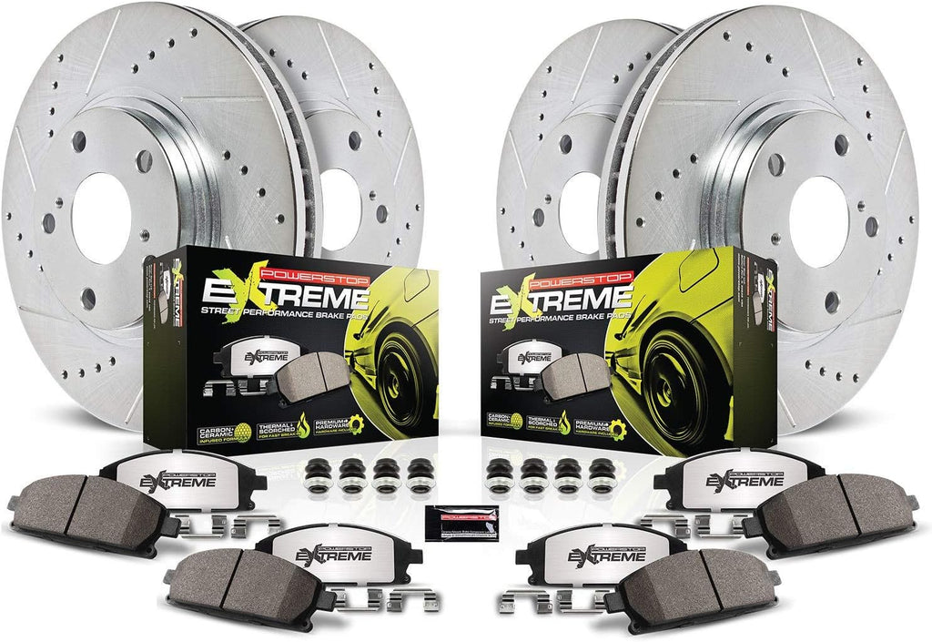 Front and Rear Carbon Fiber Brake Pads with Drilled & Slotted Brake Rotors Kit Q53601