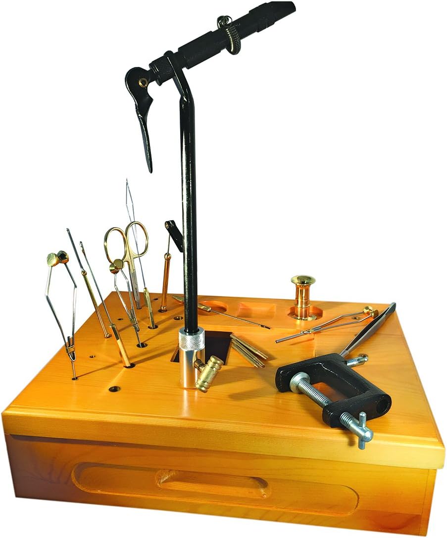 Wooden Fly Tying Station with Vise, Tool Organizer Caddy, Materials Tray Holder J9168