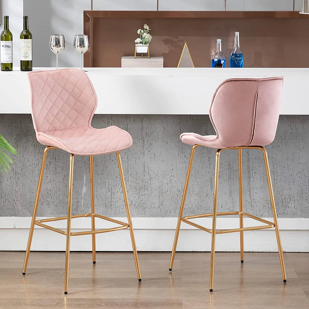 Velvet Bar Stool with Back Set of 2, Gold Metal Legs, Salmon Pink E8104