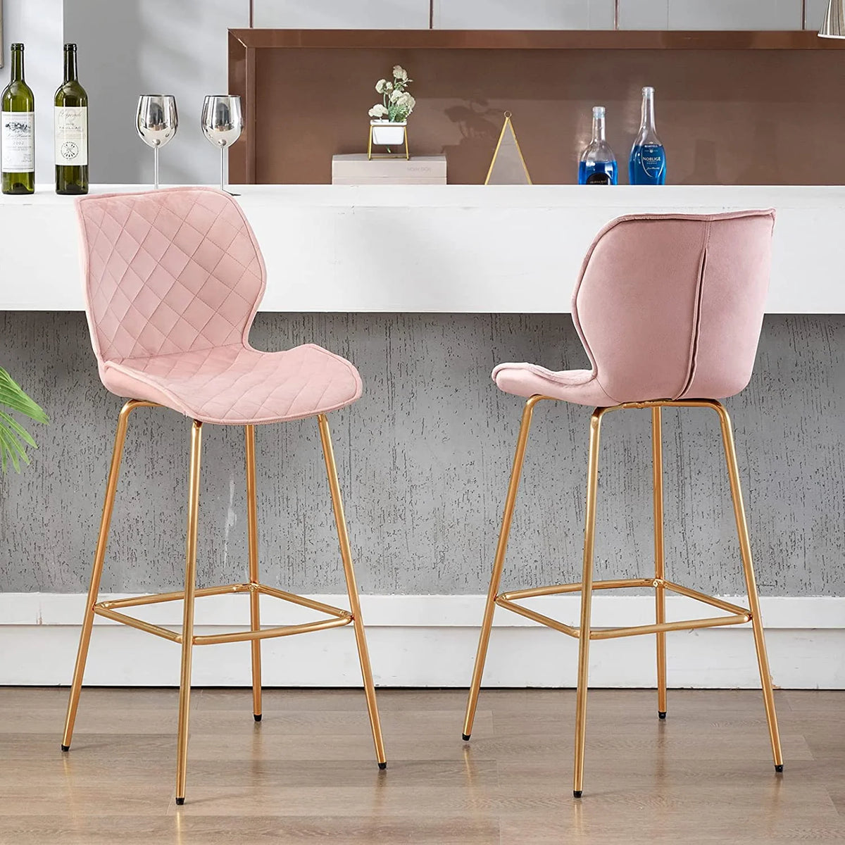 Velvet Bar Stool with Back Set of 2, Gold Metal Legs, Salmon Pink E8104