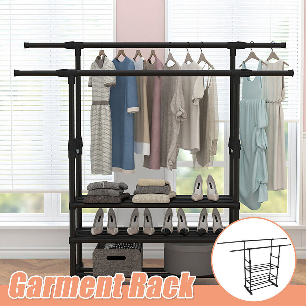 Black Rolling Garment Rack with Bottom Shelves O407