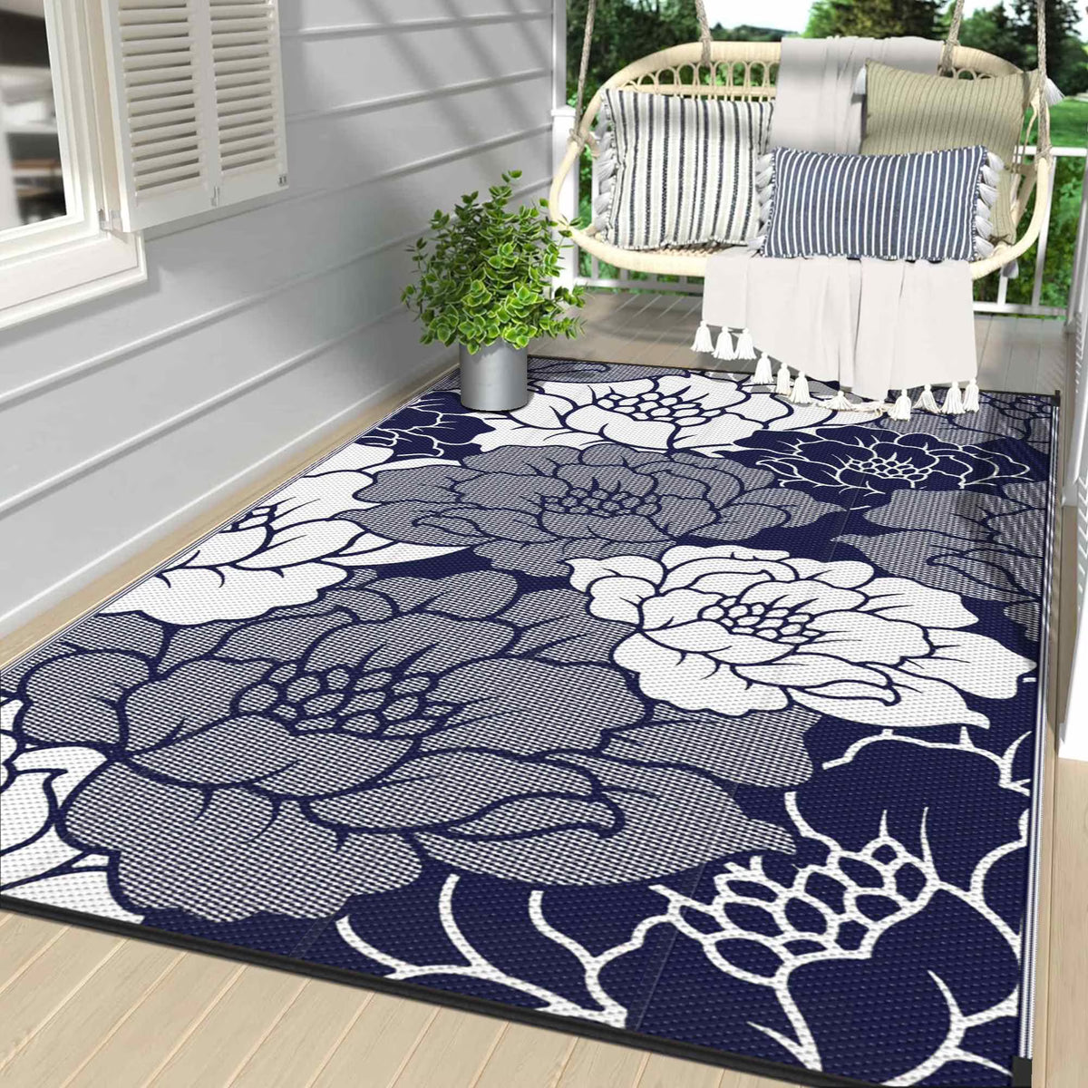 Waterproof Plastic Outdoor Rug, blue&white, 5'x8' W396