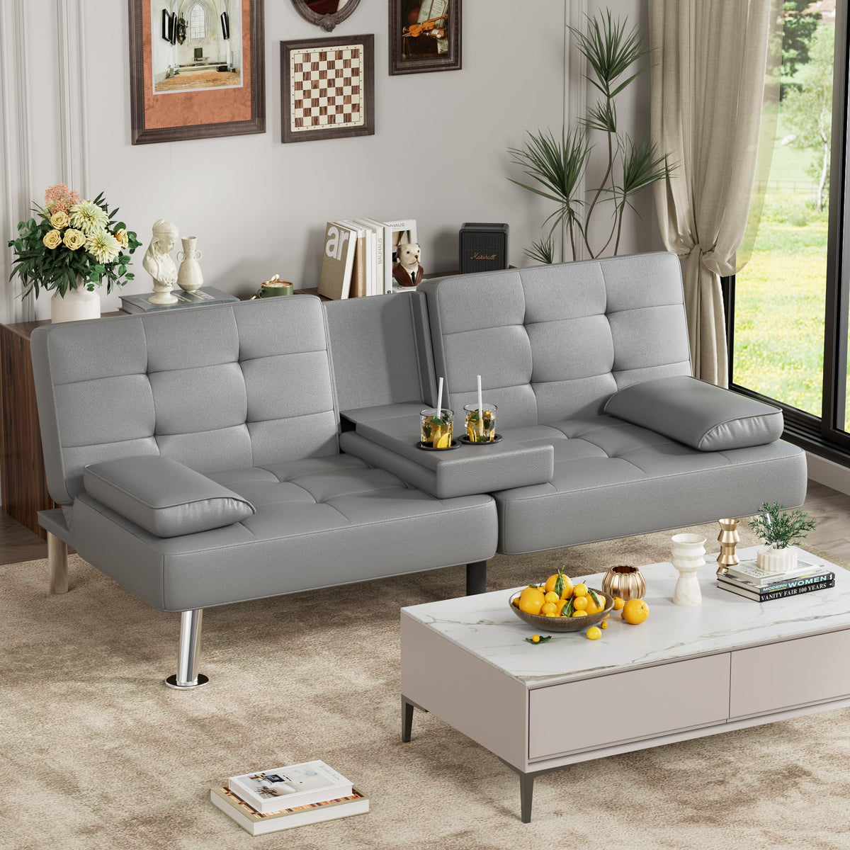 Grey Faux Leather Foldable Futon Sofa Bed with Removable Armrests Q809752