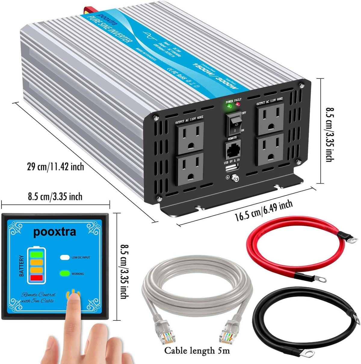 1500 Watt Pure Sine Wave Power Inverter DC 24V to 110V with 4 AC Outlets and 2.1A USB Ports Z7950