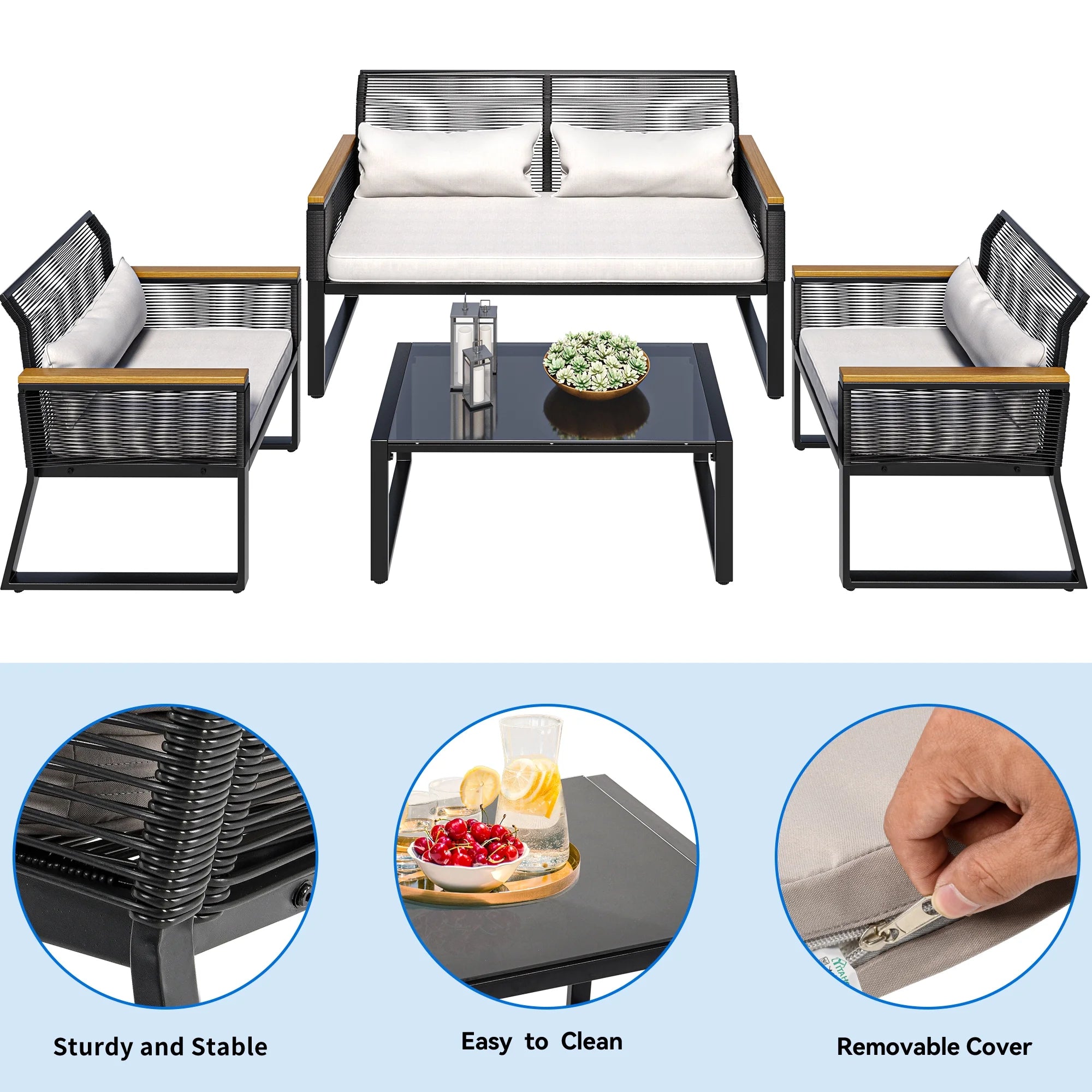 4-Piece Rattan Patio Bistro Set with Gray Cushions and Metal Coffee Table D39399
