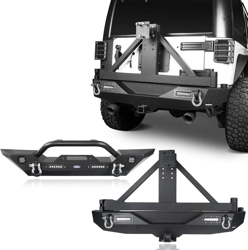 Front & Rear Bumpers Combo with Winch Plate & Spare Tire Carrier & LED Lights & D Rings N423