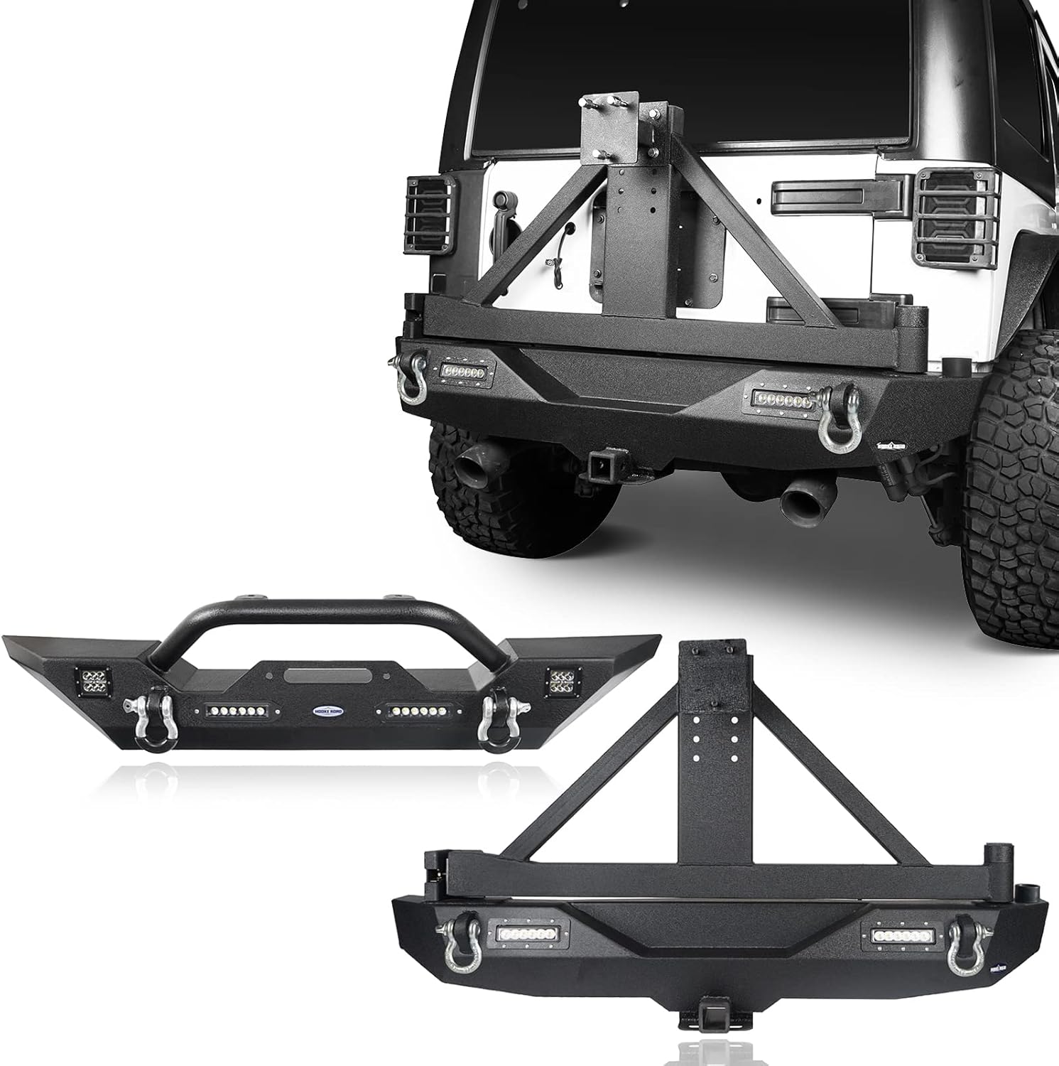Front & Rear Bumpers Combo with Winch Plate & Spare Tire Carrier & LED Lights & D Rings N423