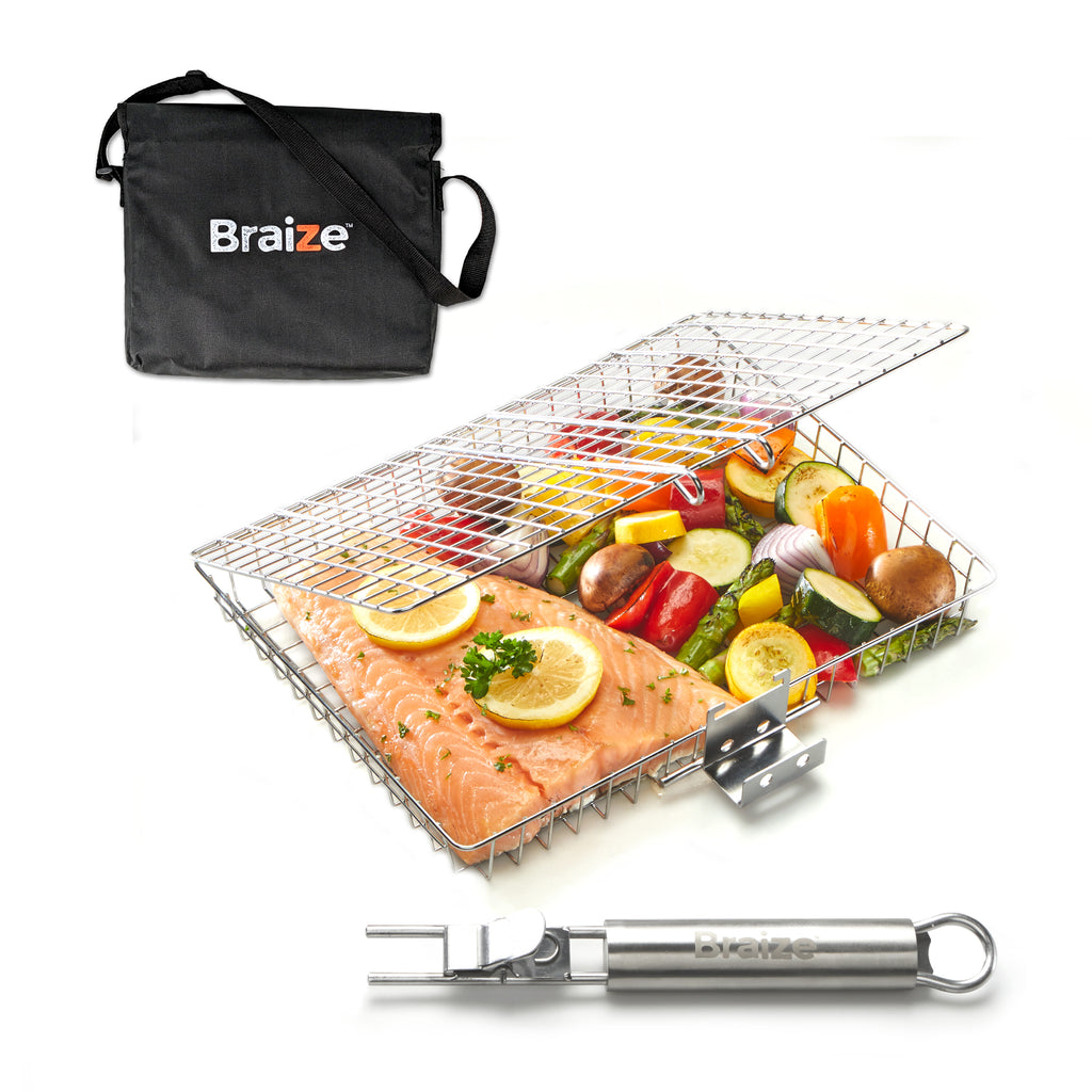 12" Stainless Steel BBQ Grill Basket with Removable Handle and Built-in Bottle Opener T960