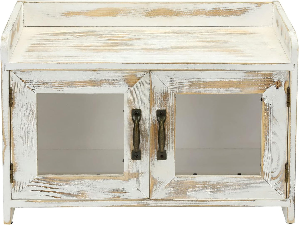 Rustic Whitewashed Wood Countertop Storage Cabinet with Glass Windows V42904