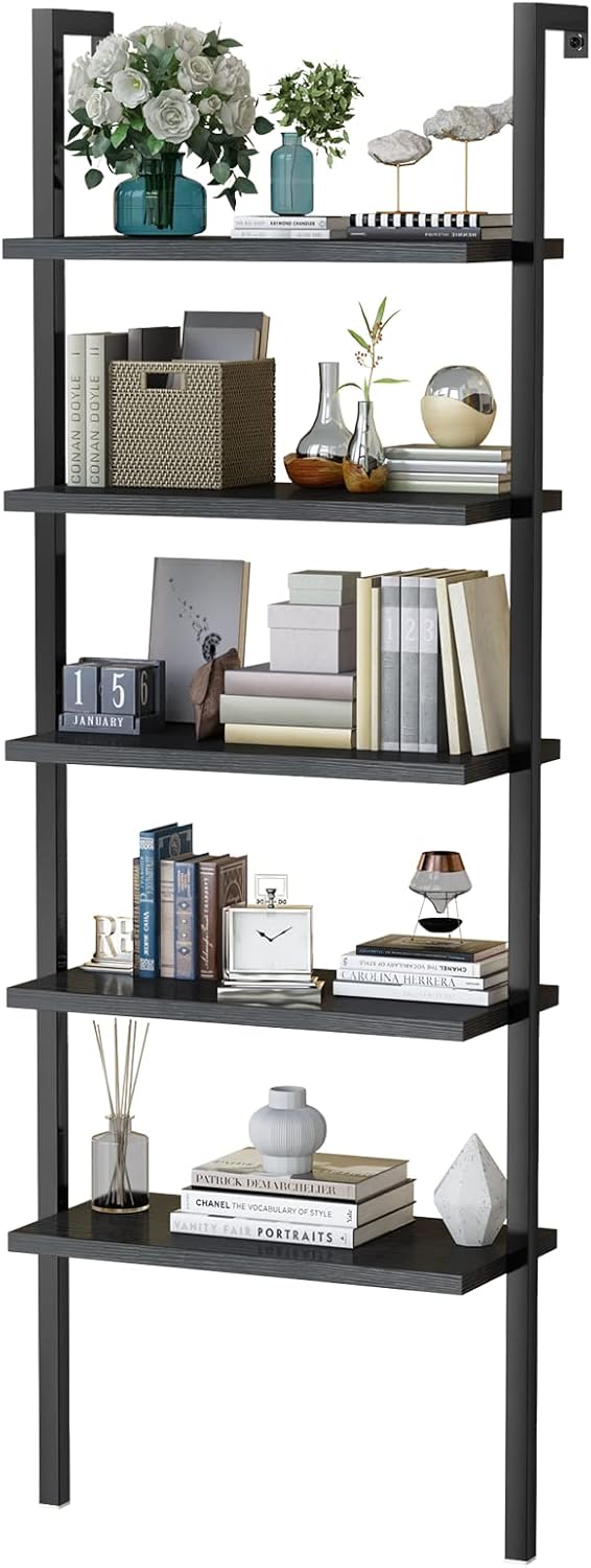 5 Tier Black Industrial Bookshelf with Metal Frame B393262