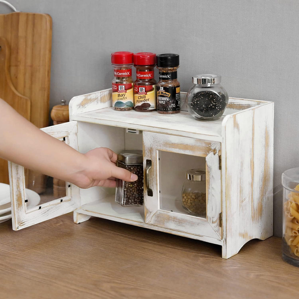 Rustic Whitewashed Wood Countertop Storage Cabinet with Glass Windows V42904
