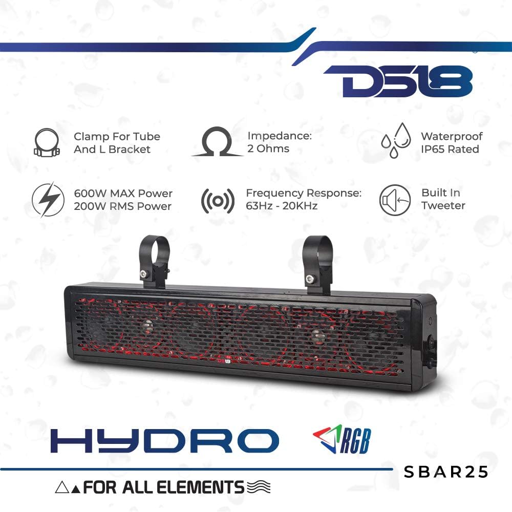 Black 25 Inch 2-Way Sound Bar Waterproof Speaker System with Integrated RGB Lights C442891