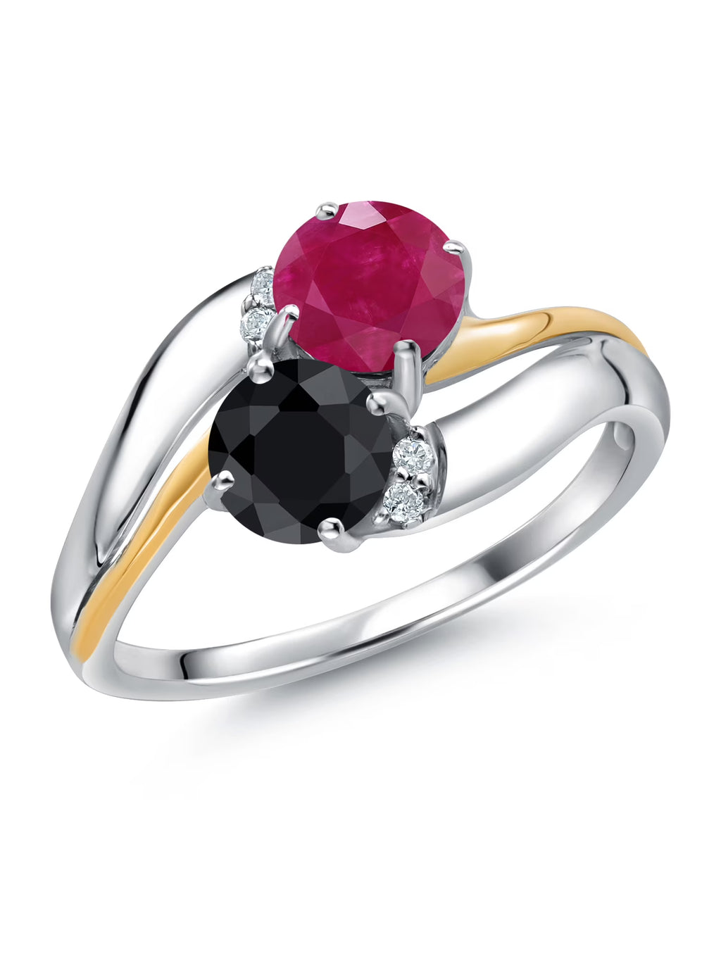 925 Sterling Silver and 10K Yellow Gold Black Sapphire Red Ruby 5MM Round 2 Stone Lab Grown Diamond Accent Ring P988542