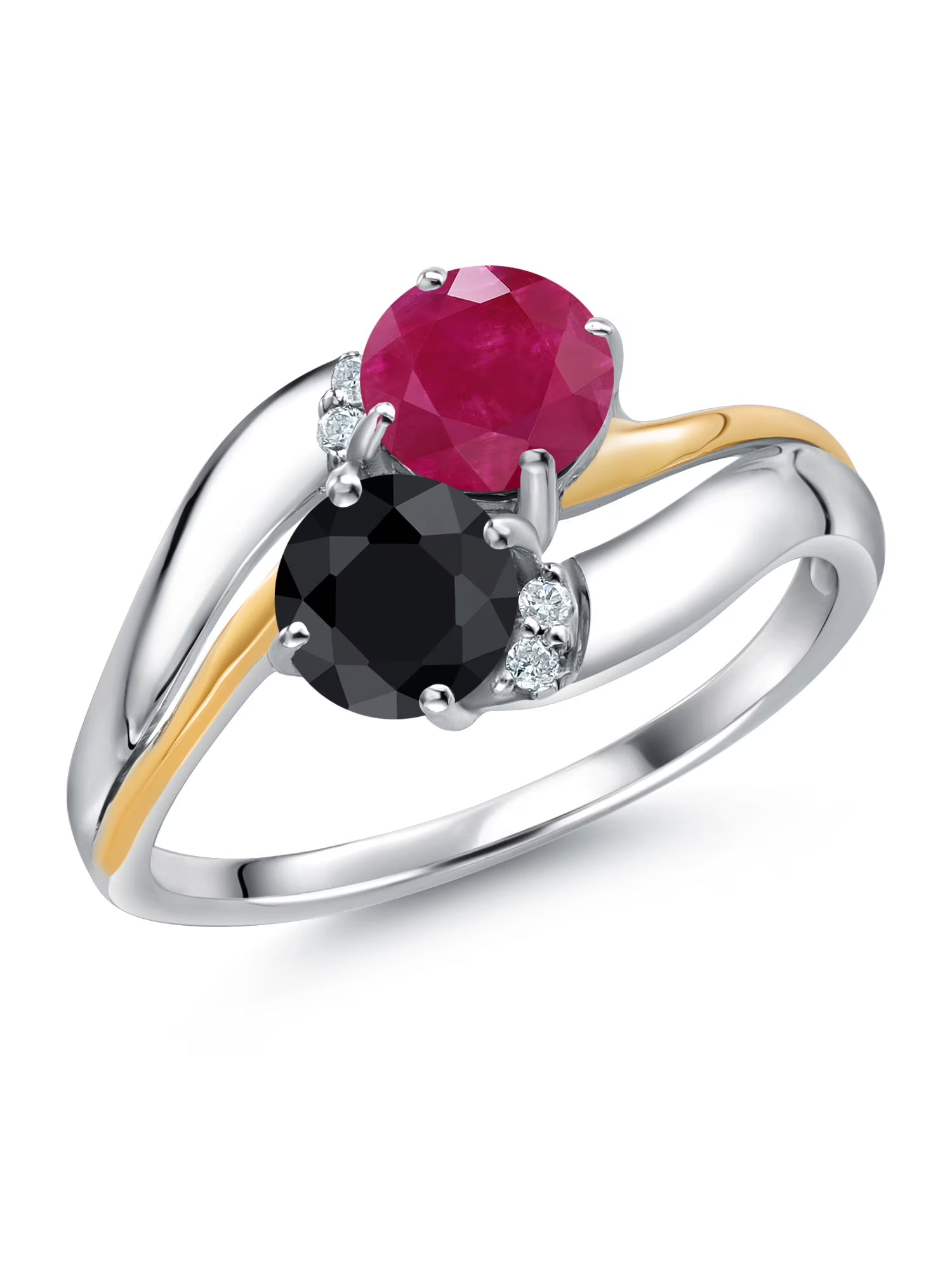 925 Sterling Silver and 10K Yellow Gold Black Sapphire Red Ruby 5MM Round 2 Stone Lab Grown Diamond Accent Ring P988542