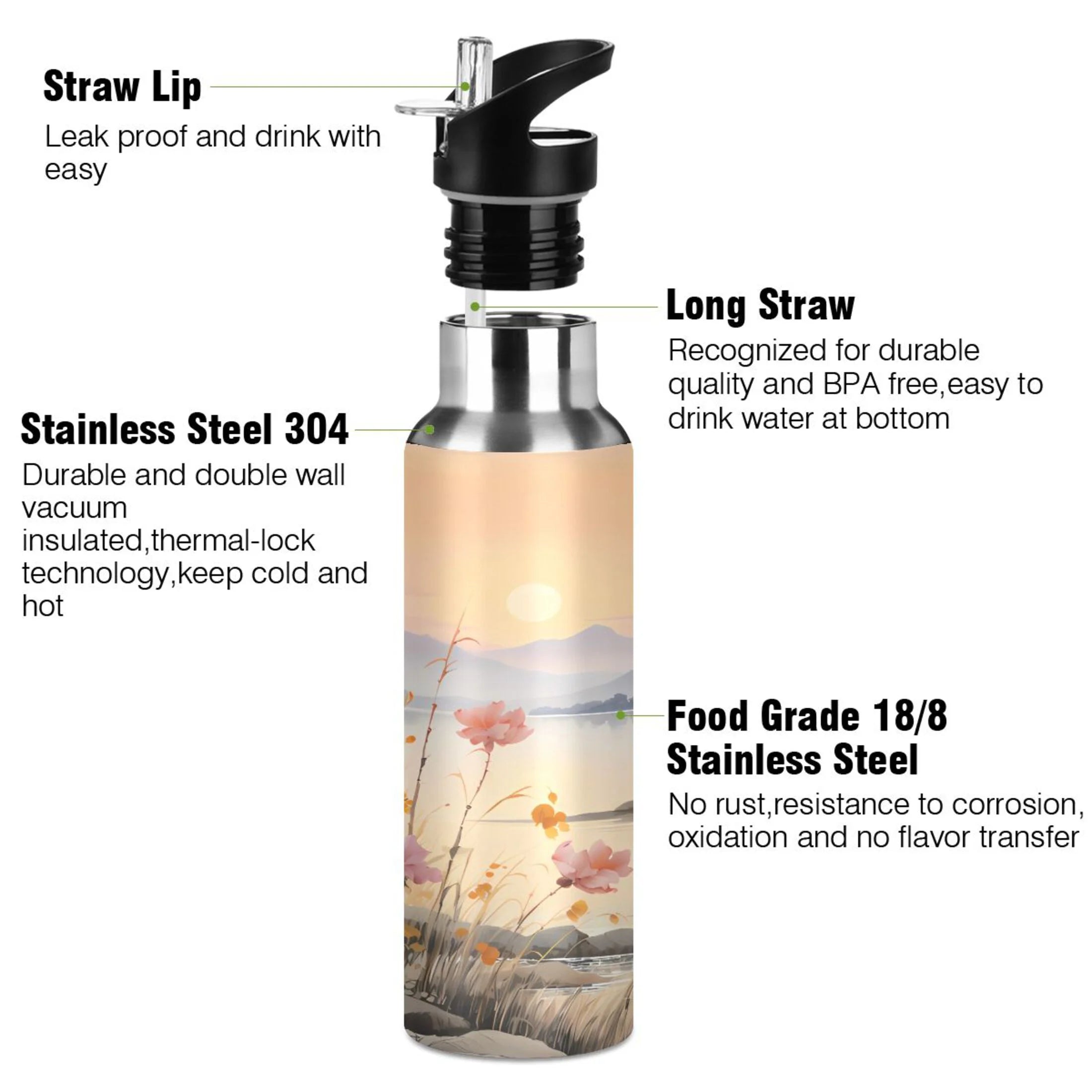 Stainless Steel Insulated Thermos Vacuum Flask Water Bottle with Straw Lid M5311