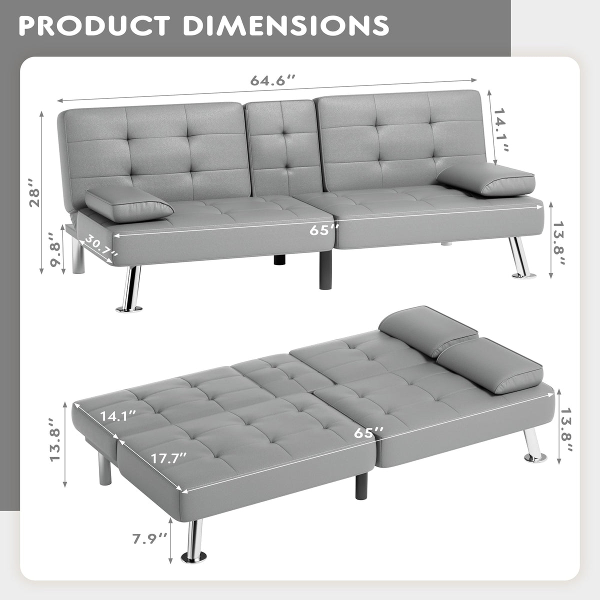 Grey Faux Leather Foldable Futon Sofa Bed with Removable Armrests Q809752