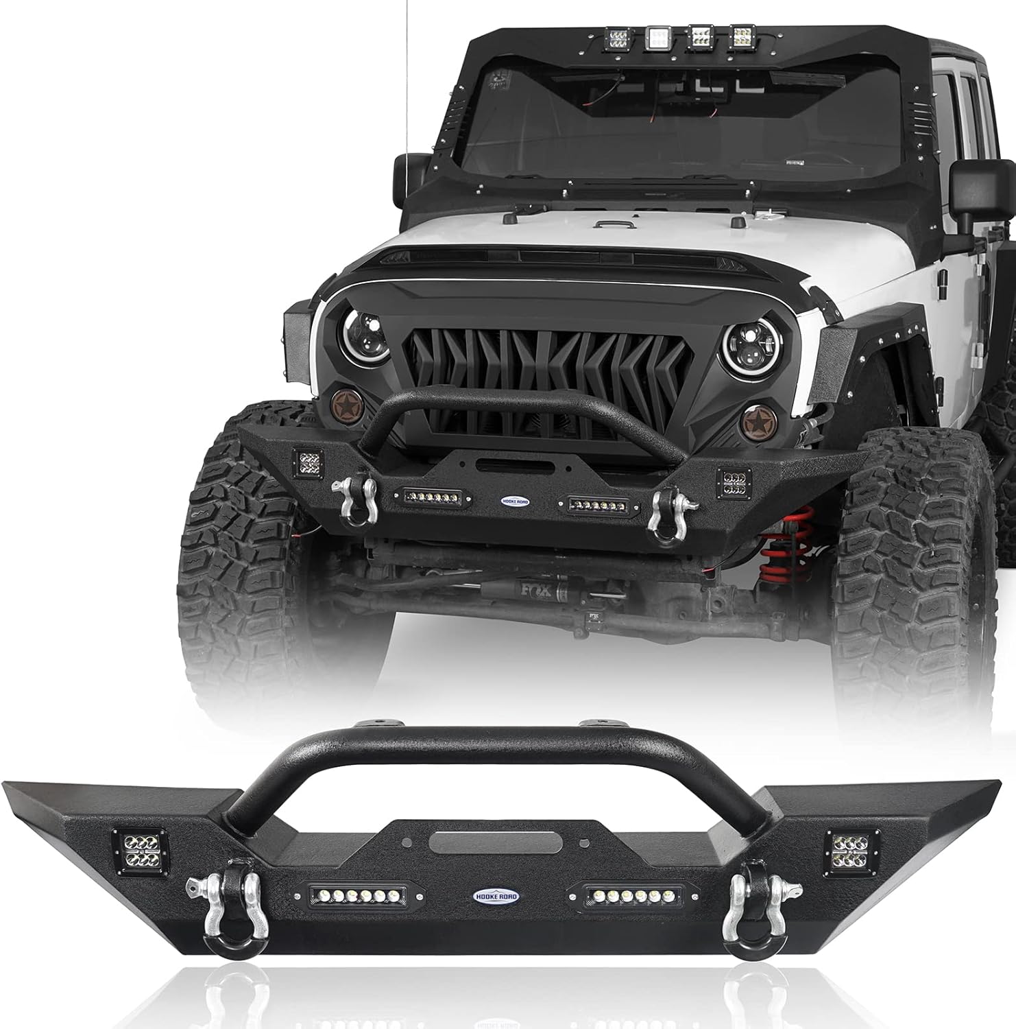 Front & Rear Bumpers Combo with Winch Plate & Spare Tire Carrier & LED Lights & D Rings N423